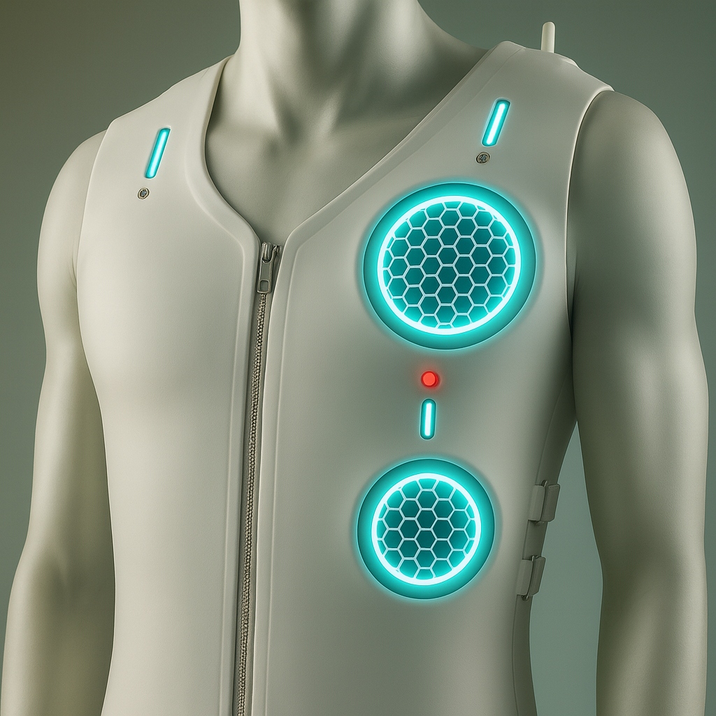 EchoVest front — white medical vest with teal hexagonal probe windows