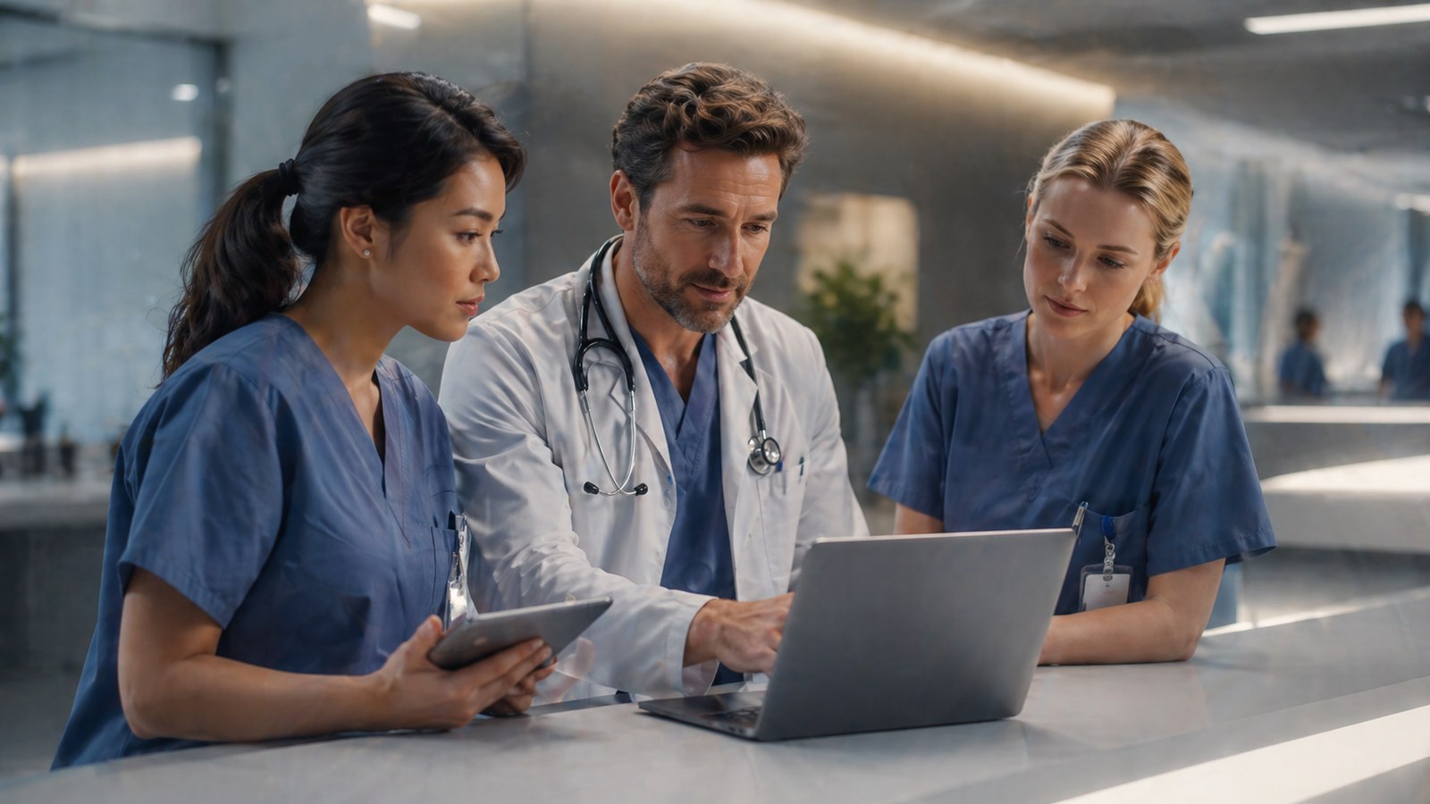 A clinical care team reviewing cardiac information together at a workstation