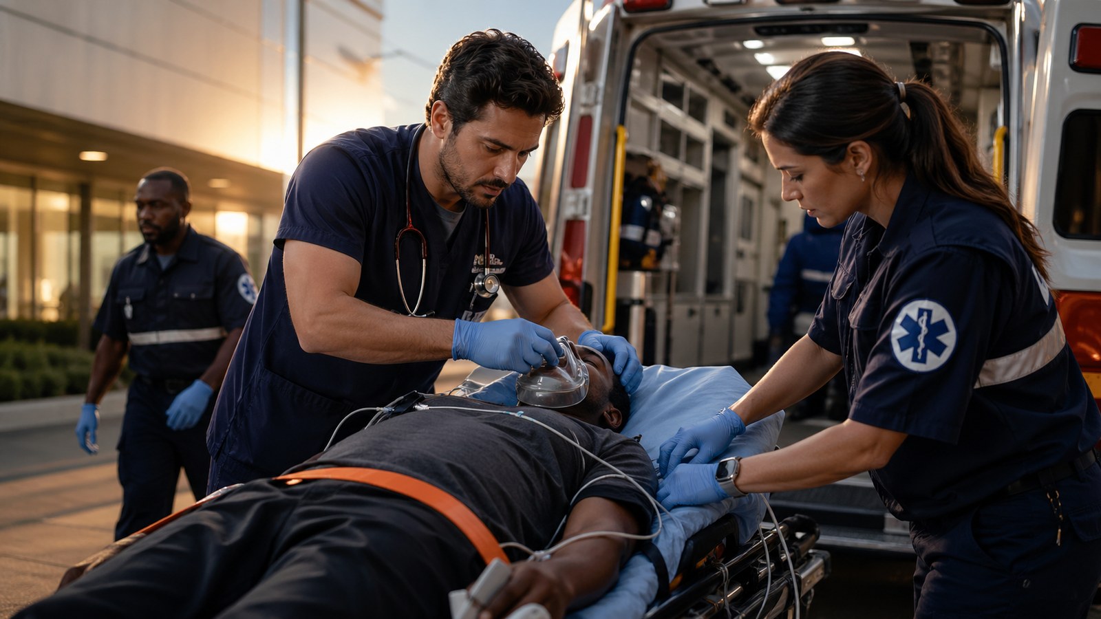 An emergency medical team caring for a patient at an ambulance