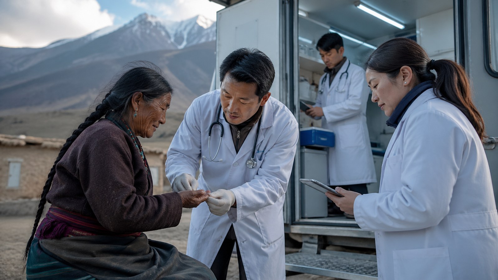 A mobile clinic team caring for an elder patient in a remote mountain region