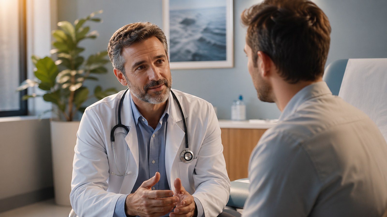 A clinician in conversation with a patient in a calm consultation room
