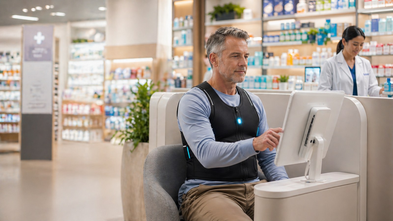 A person wearing the EchoVest at a pharmacy assisted health-access station