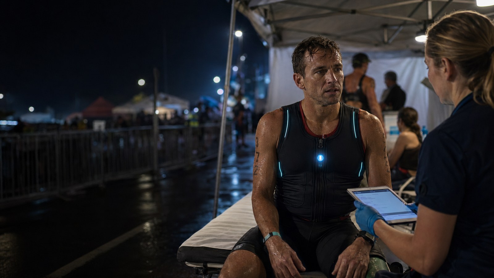 An athlete wearing the EchoVest at a nighttime endurance event medical support tent
